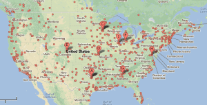 Toyota Dealerships in America. Contrasted to Subaru dealerships, they're more spread out into the Midwest, and not so heavily clustered.