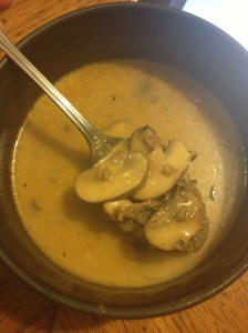 Wild rice and mushroom soup. I had to work really hard to make it look tasty. Mushrooms and wild rice tend to sink.