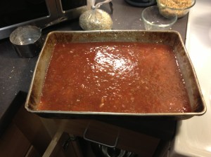 The jam gets dumped on top of the crumb.