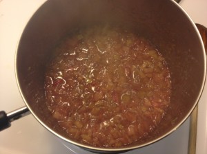 Rhubarb jam - chopped rhubarb, sugar, a little water and flour to thicken. 